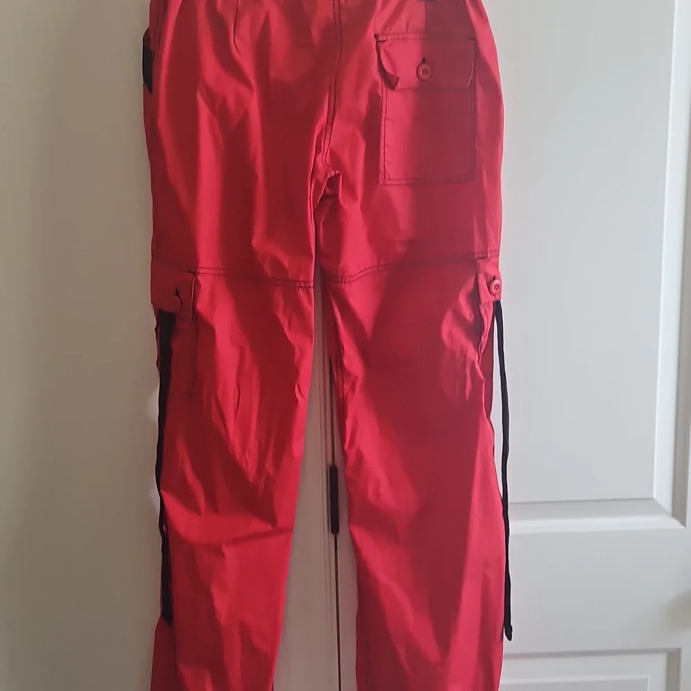 unisex sz l vintage ufo parachute cargo pockets pants red w/ black flames - Picture 5 of 6